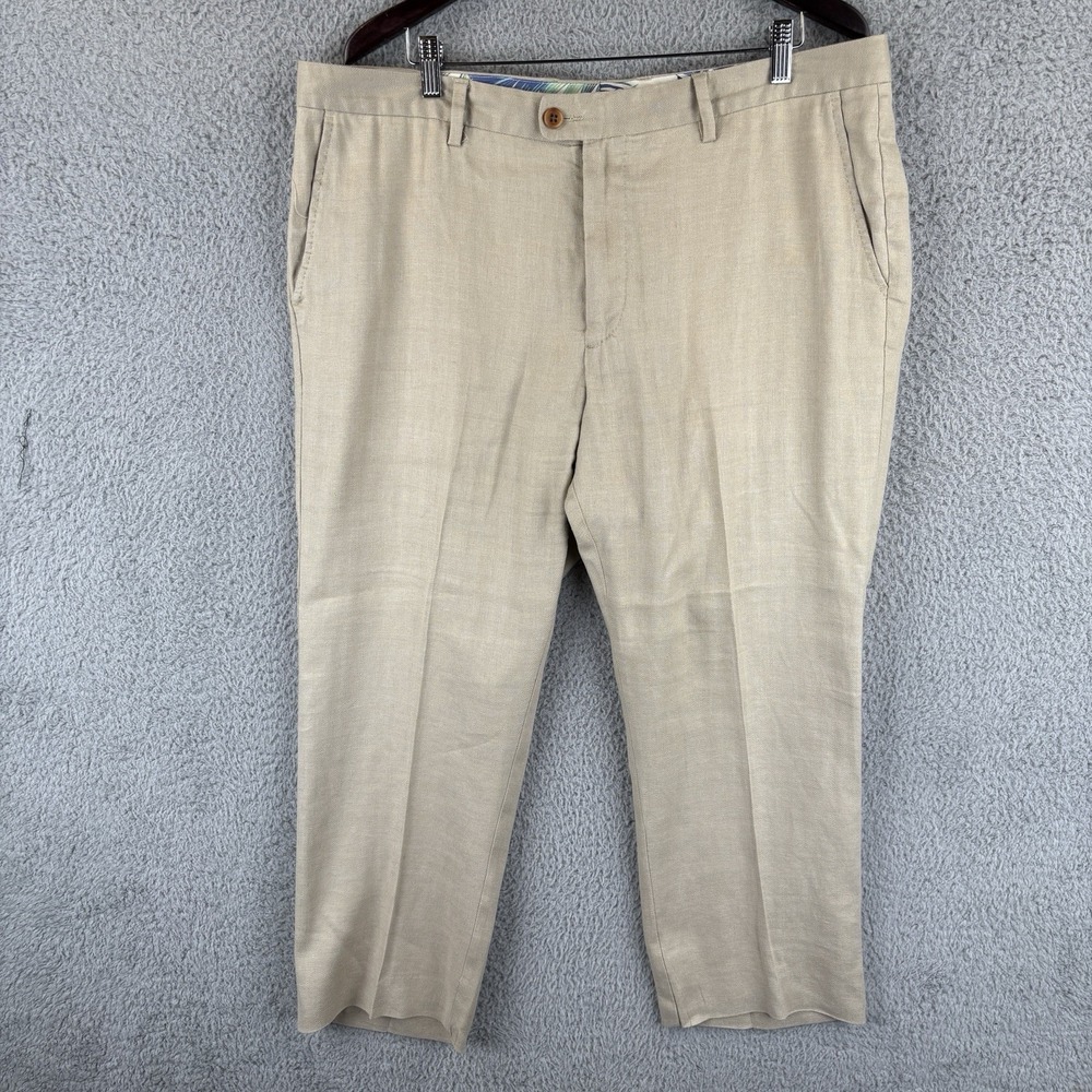 Tommy Bahama Pants Mens 38x27 Beige Latigo Beach Linen Blend Flat Front *Hemmed*